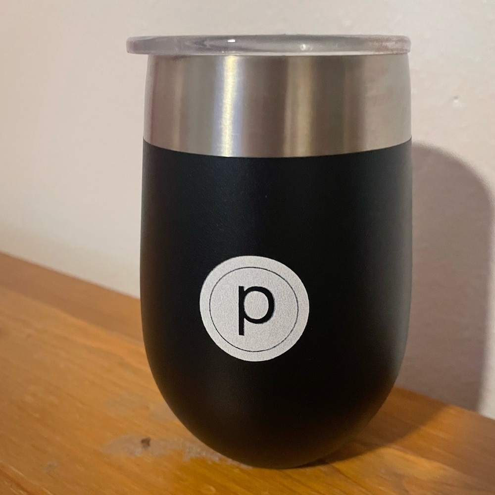 Pure Barre Wine Tumbler, Black with Silver Accent with lid.